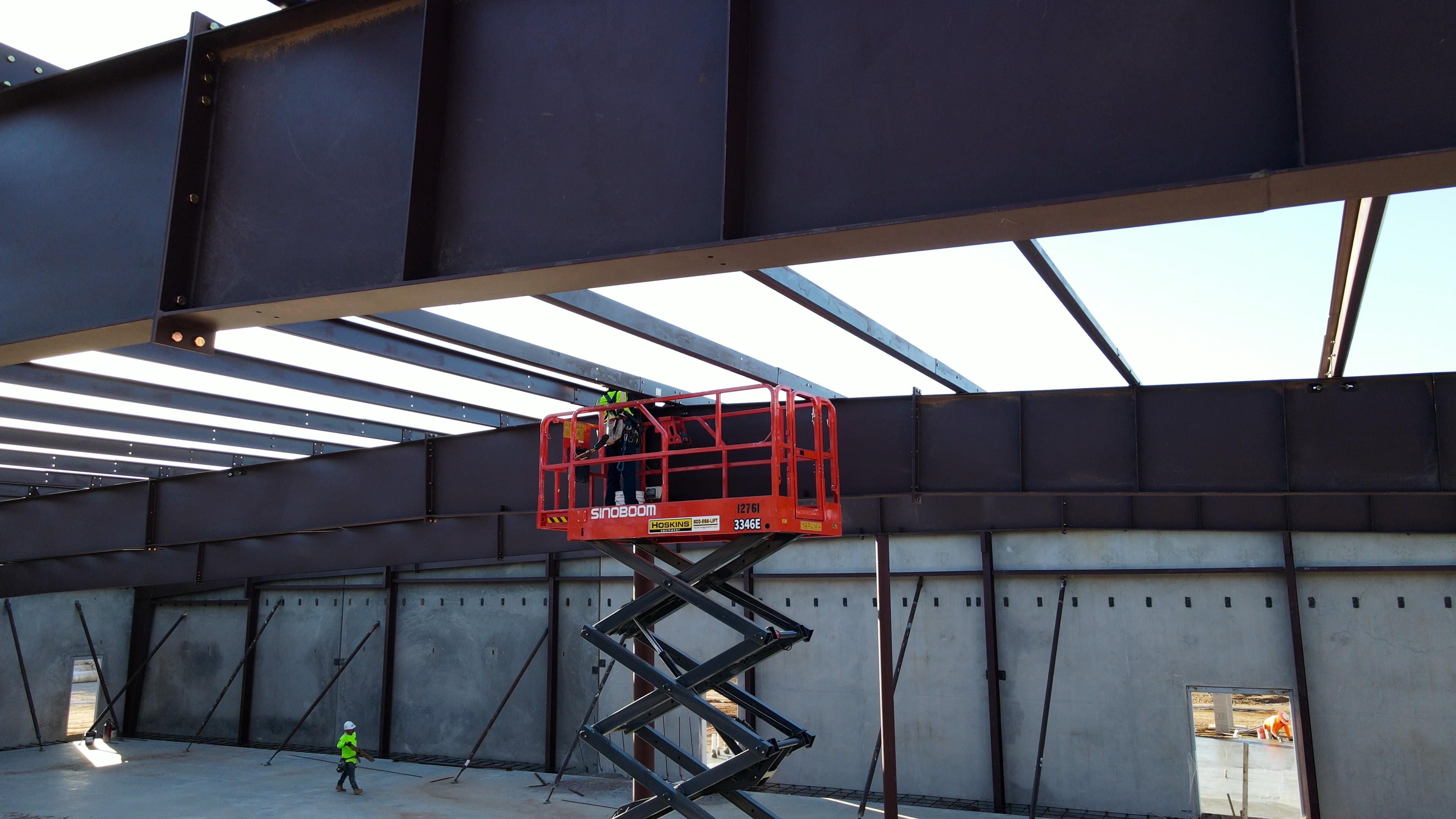 Interior view of structural steel roof framing